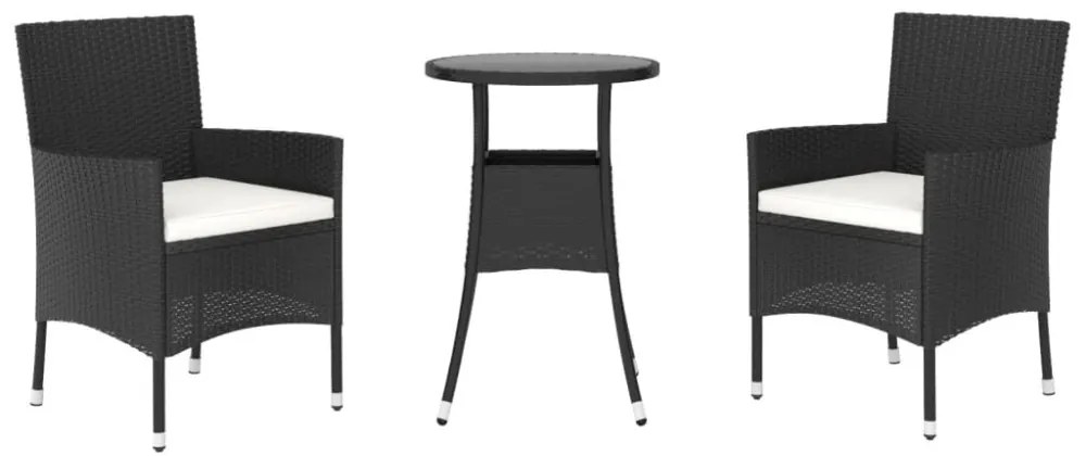 3 részes fekete polyrattan kerti bisztrógarnitúra párnákkal