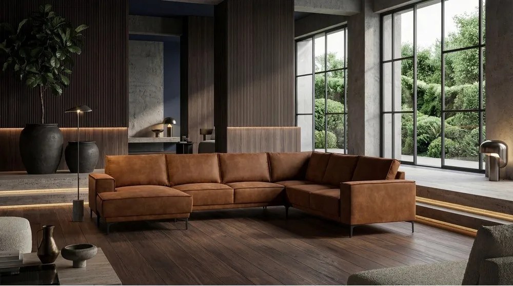 Konyakbarna bőrutánzat sarokkanapé (bal oldali-"U" alakú) Copenhagen – Scandic