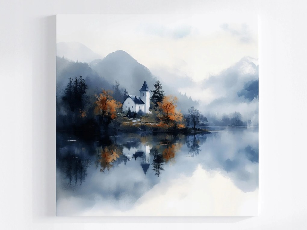 Vászonkép Canvas Tájkép Hegyek Tó Templom Ősz Erdő Köd 80x80