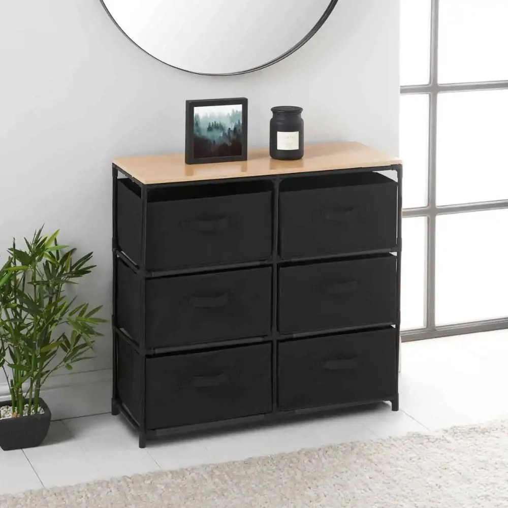 KÉSZLETKISÖPRÉS! Intenso Home komód 6db szövet fiókkal 76x68cm | Fekete - arany tölgy vászonfiókos tároló