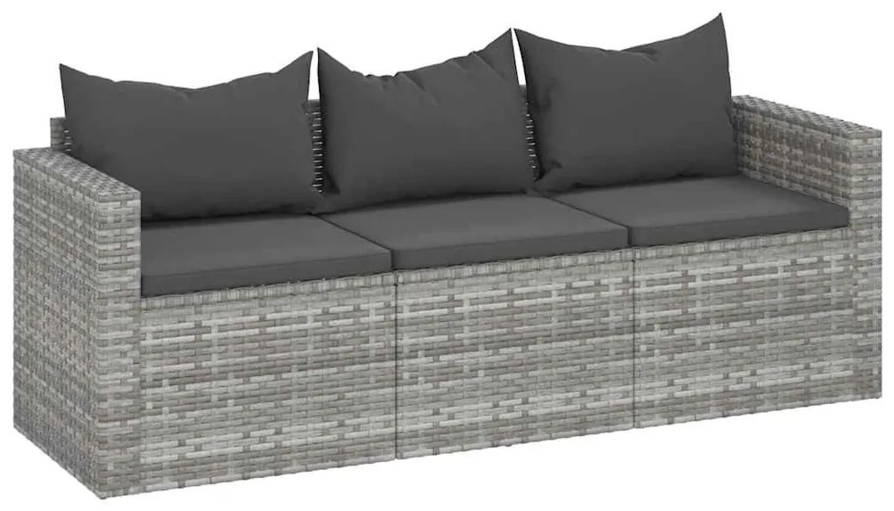 3 személyes szürke polyrattan kerti kanapé párnával