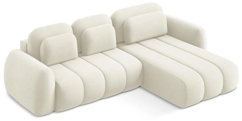 Bézs buklé kinyitható-tárolóhelyes sarokkanapé (jobb oldali-heverő résszel) Pele – Makamii