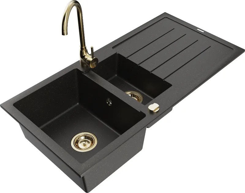 Mexen Andres gránit mosogató 1,5 rekeszes csöpögtetővel és Telma konyhai csappal, fekete/arany - 6515-75-670200-50