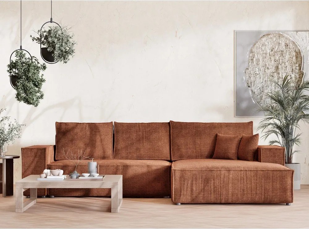 Rézszínű zsenília kinyitható-tárolóhelyes sarokkanapé (jobb oldali-heverő résszel) Maze – Maison de Rêve