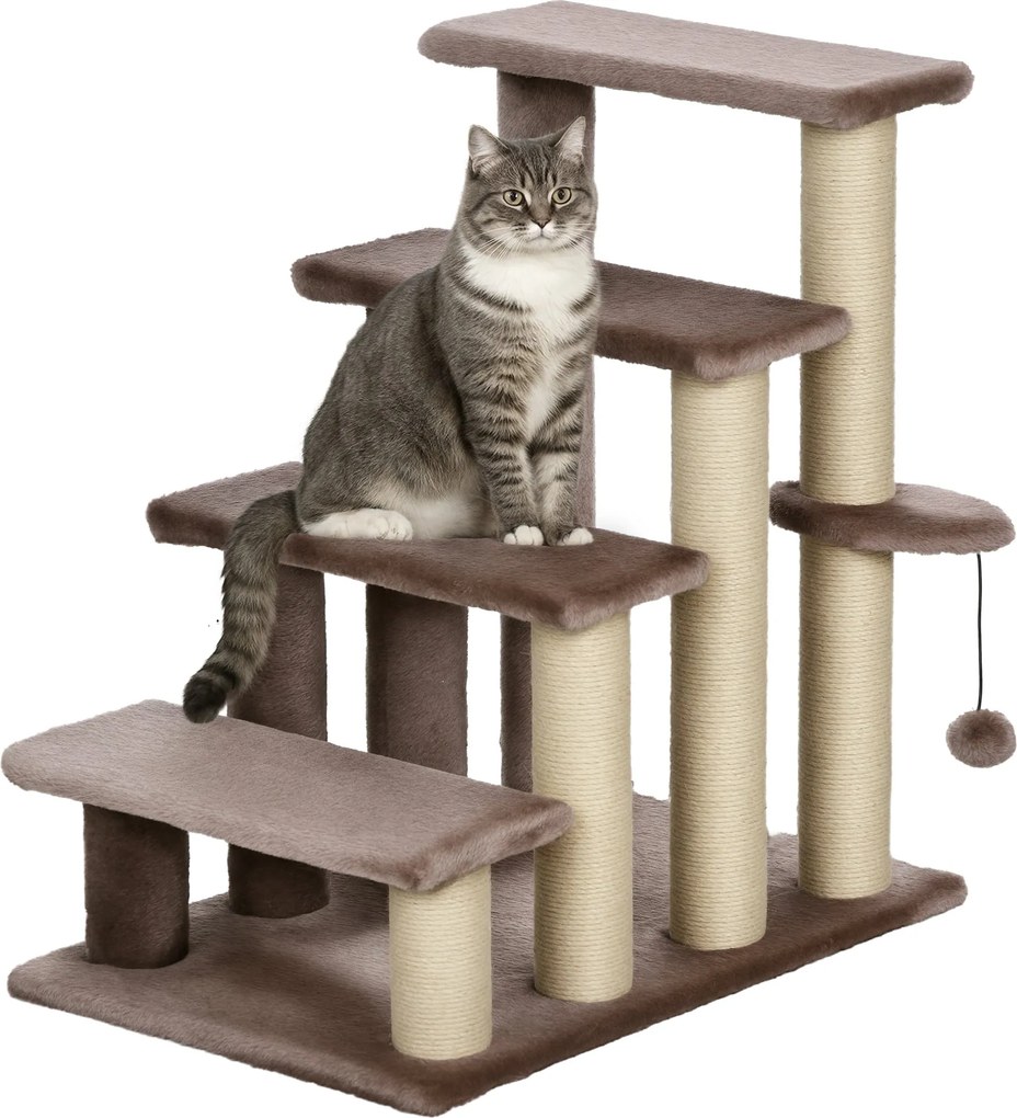 PawHut Macska Lépcső 4-Lépéses Kisállat Lépcső Karmolószlopokkal és Játékgolyóval Kutyákhoz - Macskák számára 5 kg-ig, Plüss Juta Barna 60 x 40 x 64 c