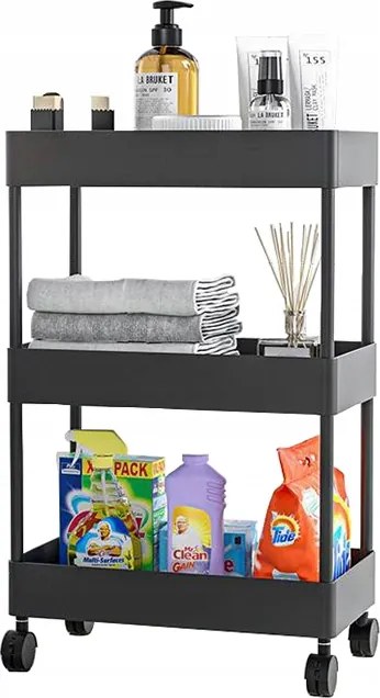 Fürdőszobai Polc Konyhai Szekrény Mobil Könyvespolc Kerekek 3 szint Fekete