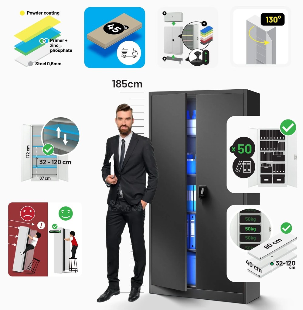 Fém iratszekrény JAN, 900 x 1850 x 400 mm, antracit