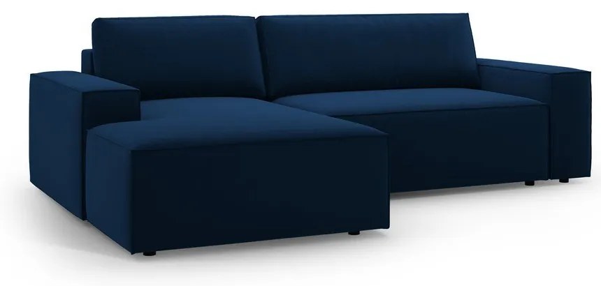 Sötétkék bársony kinyitható-tárolóhelyes sarokkanapé (bal oldali-heverő résszel) Jodie – Micadoni