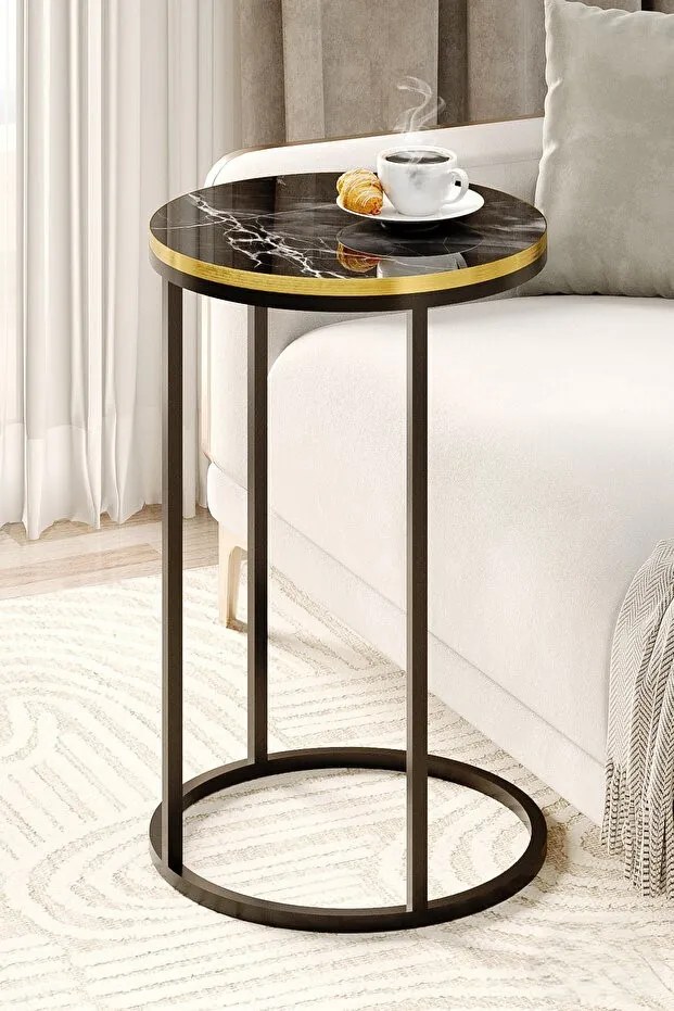 Yuvarlak Mermer Desenli Yan Sehpa - Gold, Black