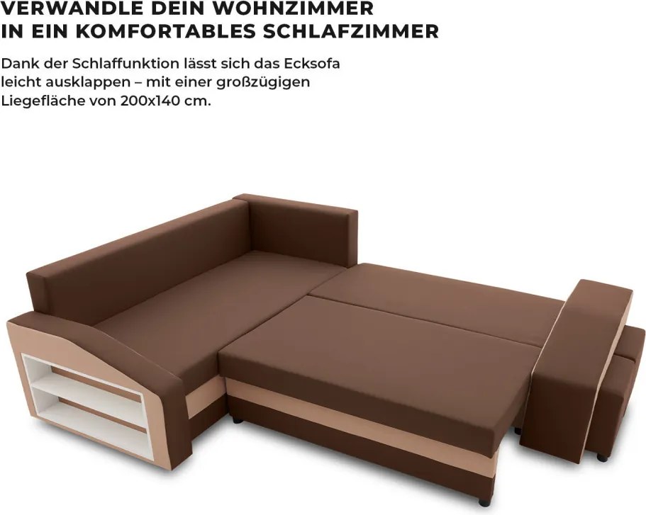 Grande sarokkanapé polcokkal és puffokkal , polc a bal karfaban puffok a jobb karfaban, baloldali, szövet anyag, bonell töltet, barna
