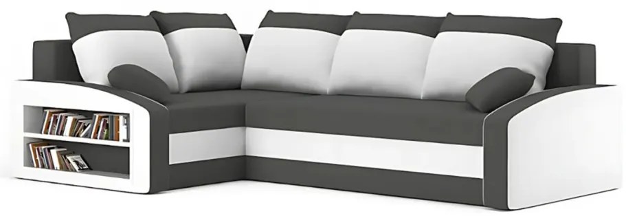 Grande sarokkanapé polcokkal , polc a bal karfaban, baloldali, szövet anyag, bonell töltet, szürke - fehér