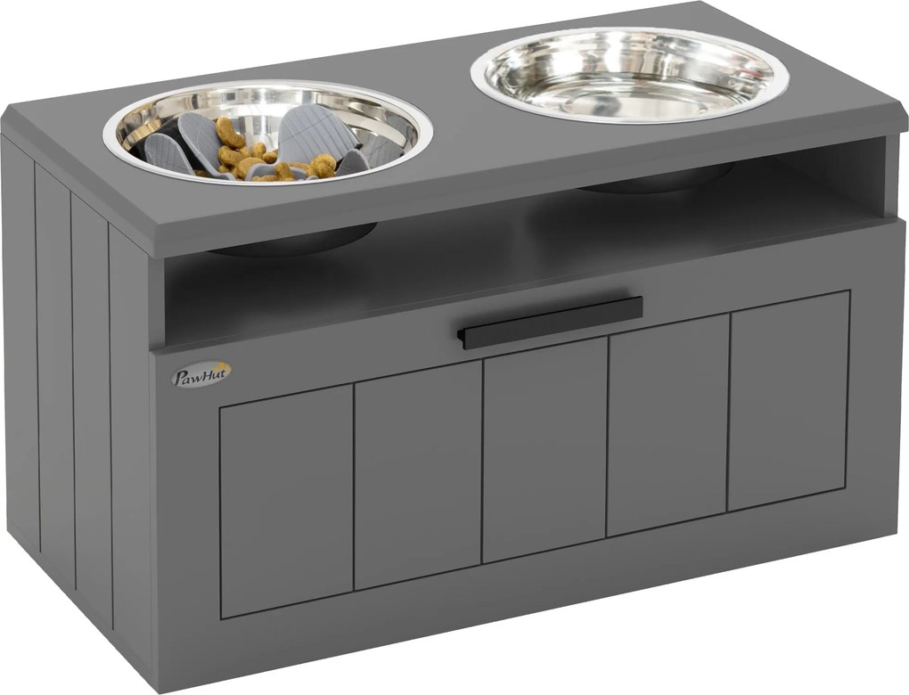 PawHut Kutyatálak, Emelt Etetőállomás 2 Rozsdamentes Acél Tálcával, Lassú Etető Alátét, Kutyatál Állvány 25L Tárolóval, Ételtál, Vízitál Nagy és Extra
