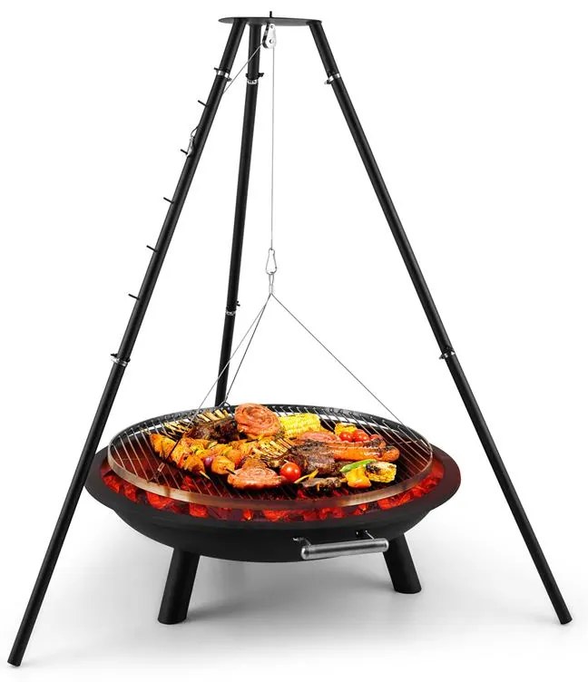 Arco Trino, forgó grill, tűzrakóhely, BBQ, háromlábú állvány, rozsdamentes acél