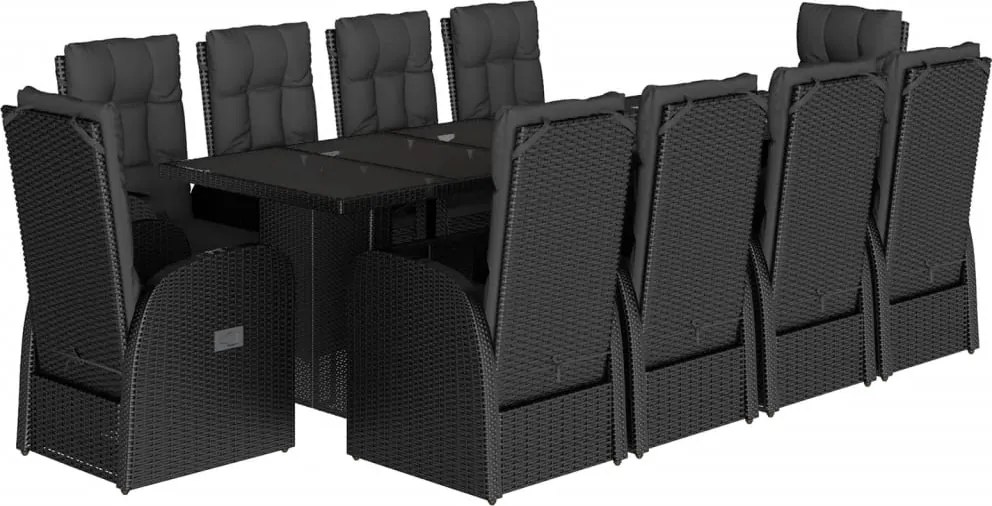vidaXL 11 részes fekete polyrattan kerti étkezőgarnitúra párnákkal