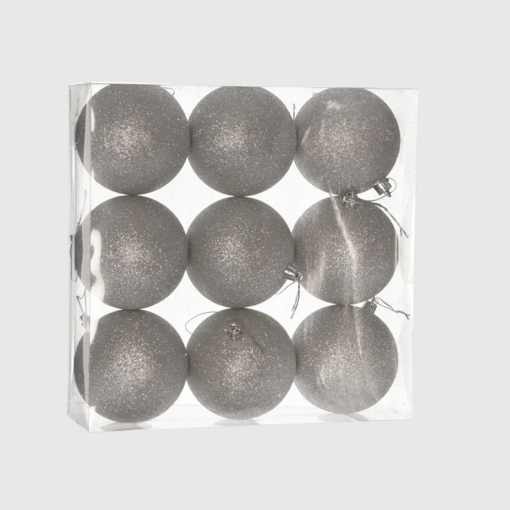 Ezüst glitteres műanyag karácsonyi gömb szett 9x8cm