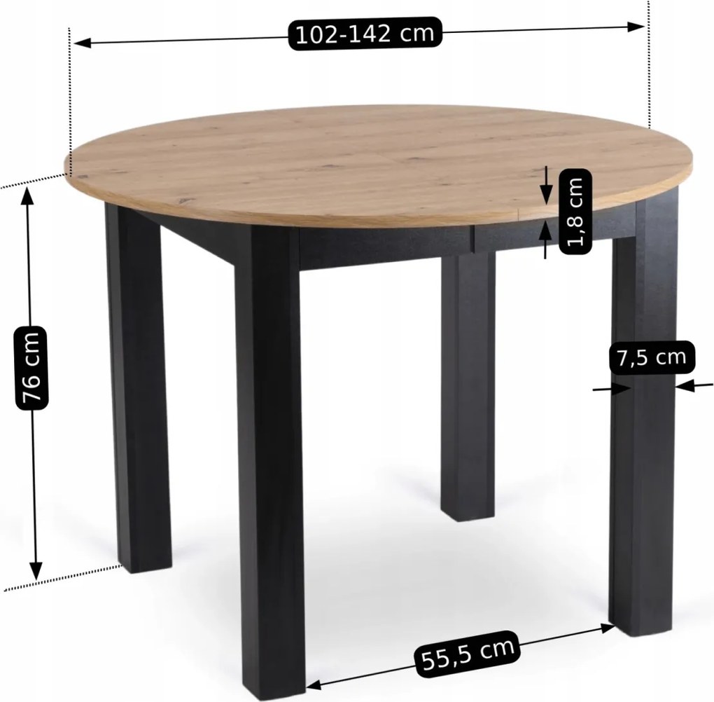 Kihúzható étkezőasztal 102–142 cm méretben, artisan tölgy/fekete színben HARRY