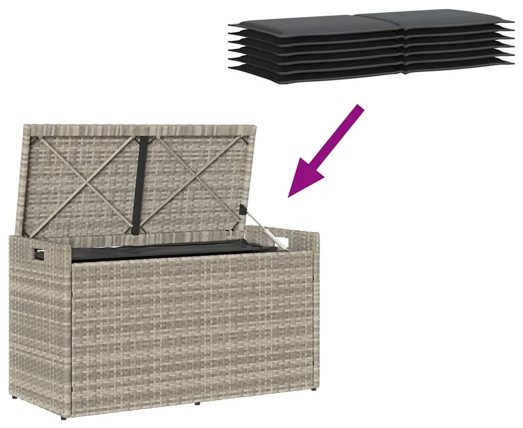 világosszürke polyrattan kültéri tárolópad párnával 100 cm