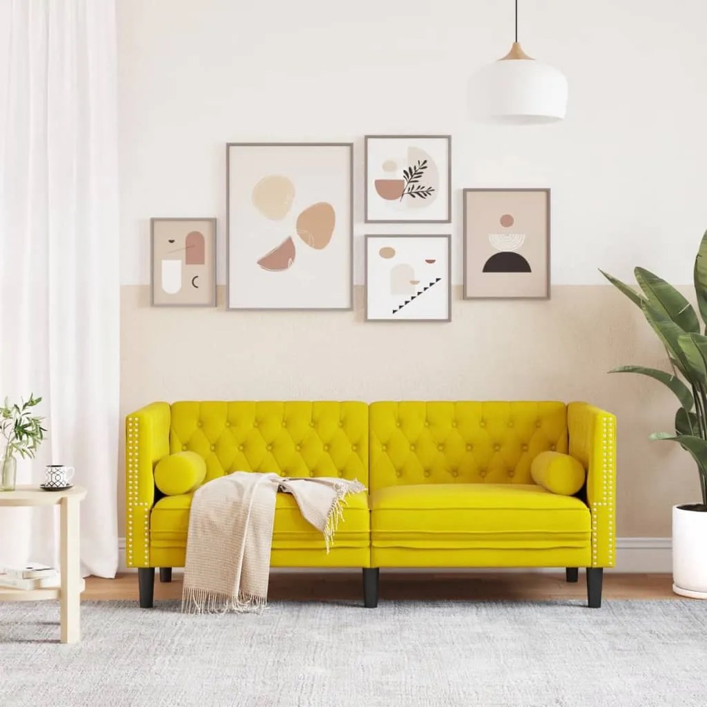 2 személyes sárga bársony Chesterfield kanapé hengerpárnákkal