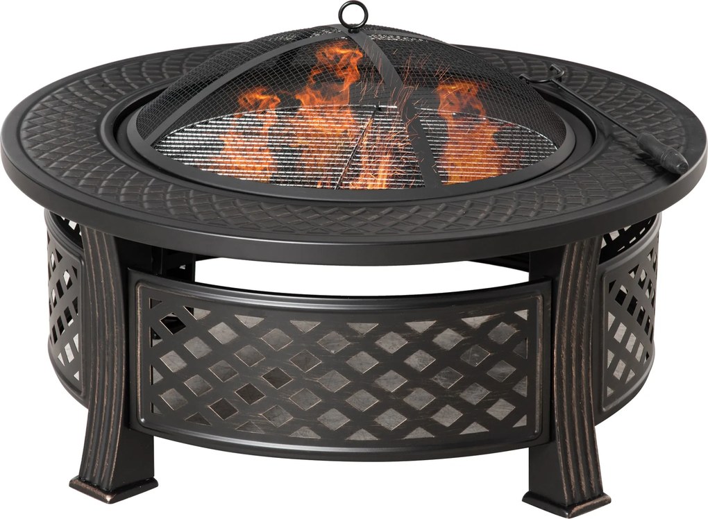 Outsunny Tűzrakóhely Pokerrel és Szikravédő Rácsos Tűzrakó Asztal, Kerek Tűzrakóhely a Kerthez, Kempinghez, BBQ-hoz, Acél Fekete 81 x 81 x 50 cm | Aos