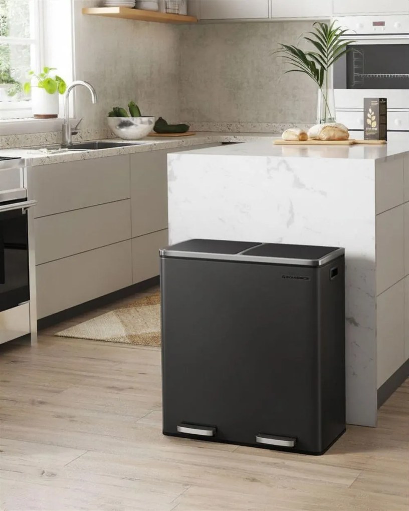 SORT hulladékgyűjtő tartály, 2x30l + hulladékgyűjtő zsákok, ekete/ezüst SongmicsHome