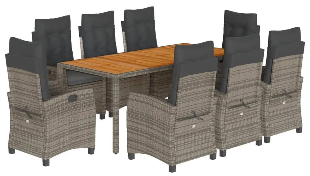 9 részes szürke polyrattan kerti étkezőgarnitúra párnával