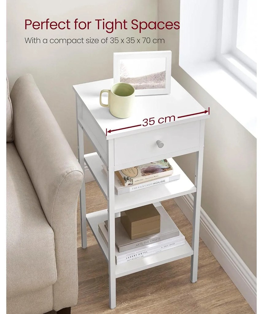 Lerakó asztal, éjjeli szekrény, fiókos, két polccal, 35 x 35 x 70 cm, fehér
