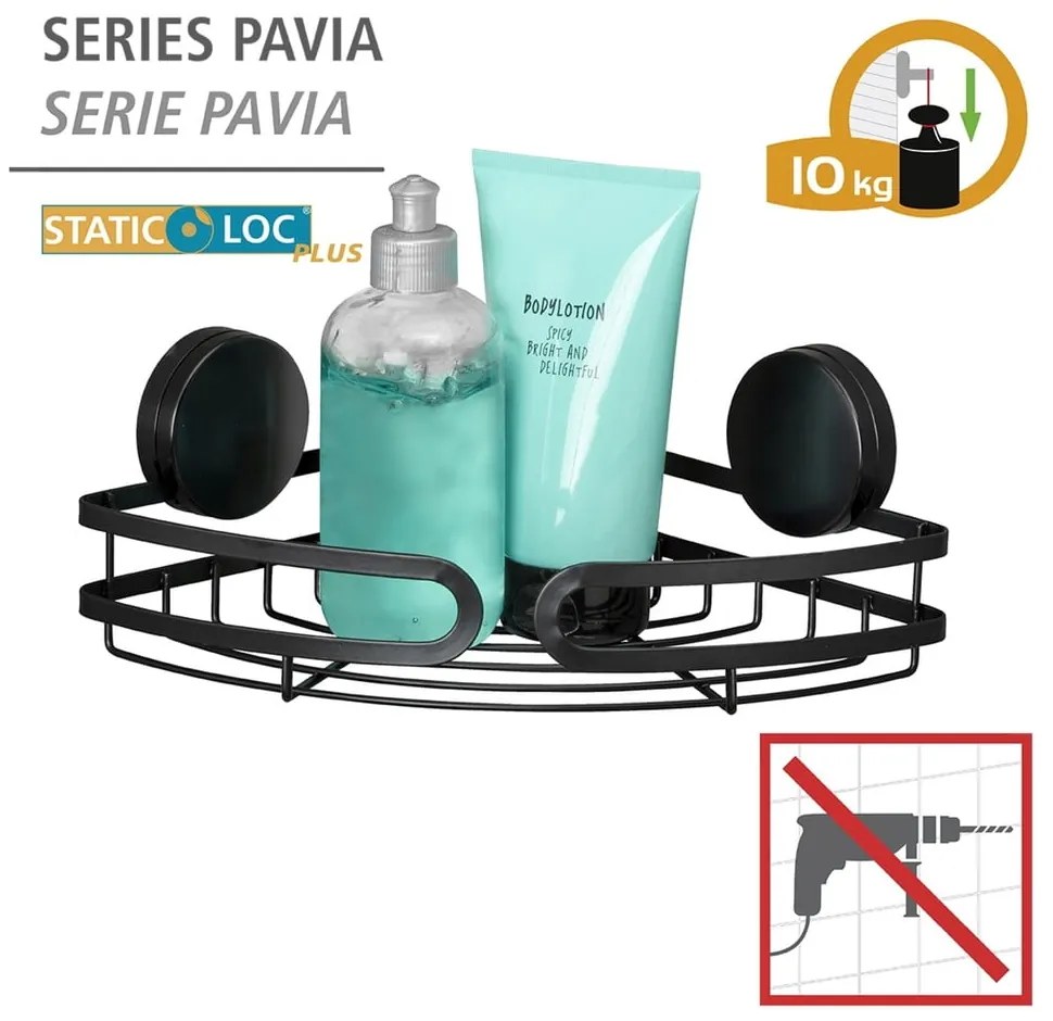 Static-Loc® Pavia fekete fali fürdőszobai sarokpolc, szélesség 27 cm - Wenko