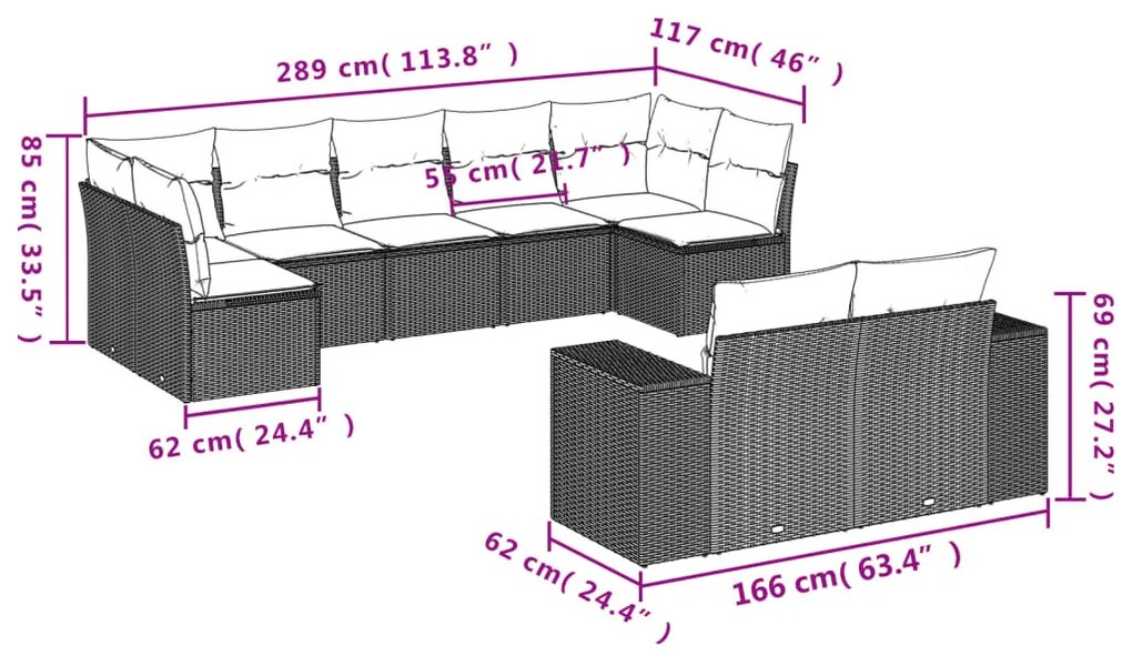 9 részes fekete polyrattan kerti ülőgarnitúra párnákkal