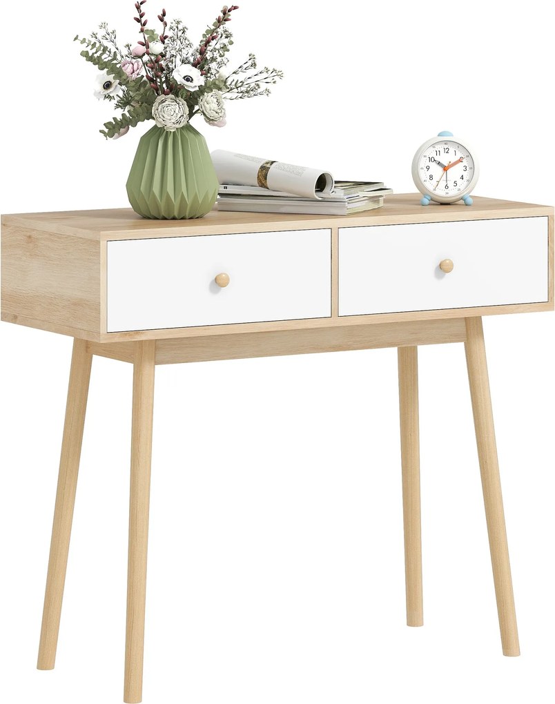 HOMCOM Keskeny Konzol Asztal Előszobai Konzol Asztal Kanapé Asztal 2 Fiókkal Modern Stílus Előszobához, Nappaliba, Hálószobába Tölgy színben | Aosom