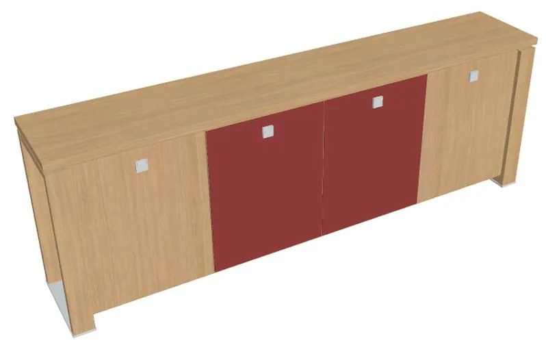 Verno+ alacsony szekrény 260 x 46 x 90 cm, kombinált ajtó, világos tölgy / piros