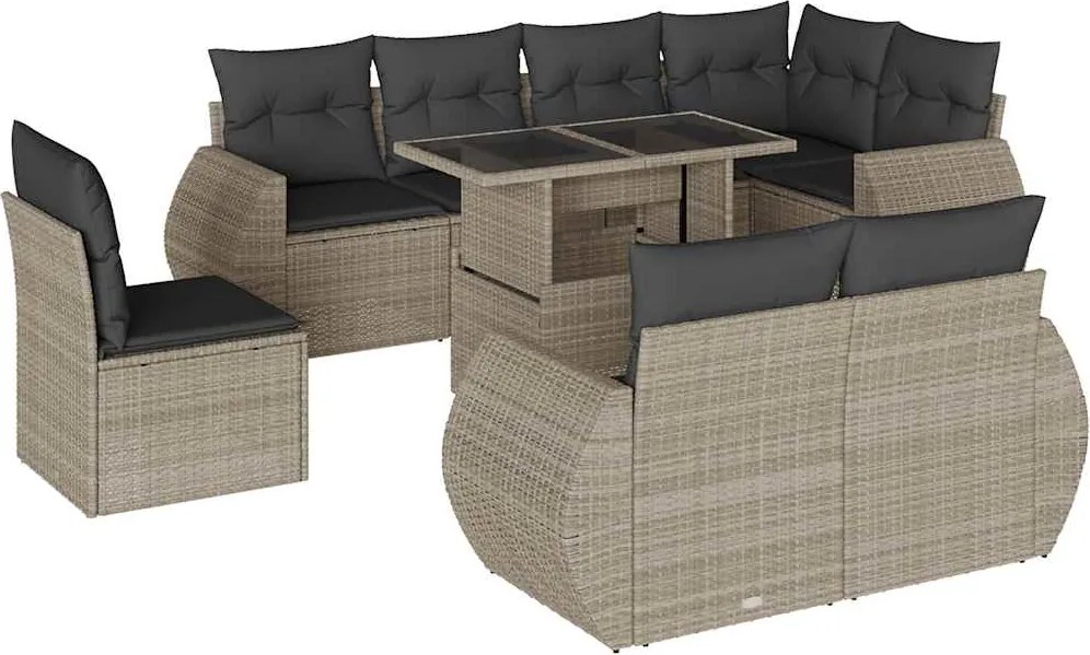 vidaXL 9 részes világosszürke polyrattan kerti ülőgarnitúra párnával