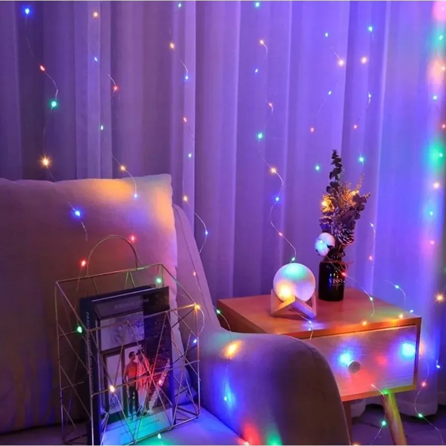 200 micro LED-es USB-s beltéri fényfüggöny, 8 világítási móddal, távirányítóval, 2 x 2 m, Színes RGB, IP65, HT