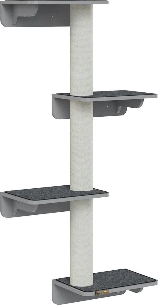 PawHut Fali Macska Fája - Macska Mászófal, Kaparóoszlop, Macska Bútor - Fali Telepítés, Fa, Világosszürke+Beige, 66 x 28 x 137 cm | Aosom