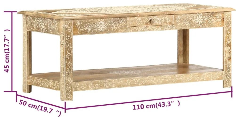 Kézzel festett tömör mangófa dohányzóasztal 110 x 50 x 45 cm