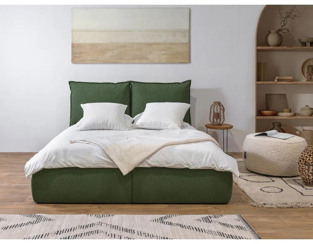 Sötétzöld kárpitozott ágyneműtartós franciaágy ágyráccsal 180x200 cm Garance – Bobochic Paris