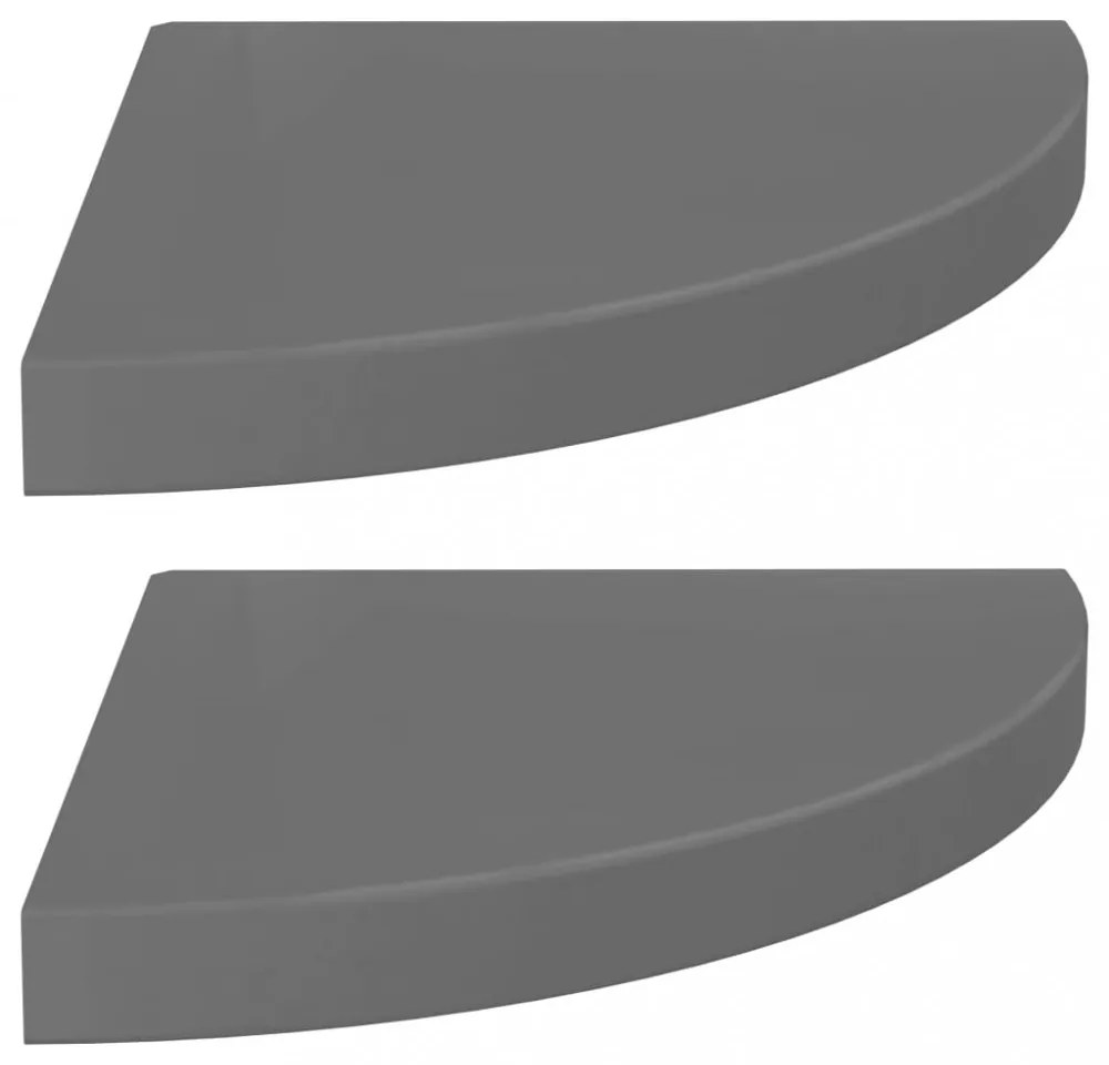 2 db magasfényű szürke MDF lebegő sarokpolc 35 x 35 x 3,8 cm