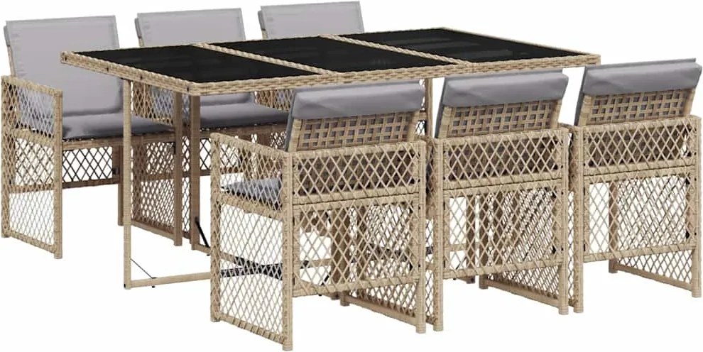vidaXL 7 részes bézs polyrattan kerti étkezőgarnitúra párnákkal