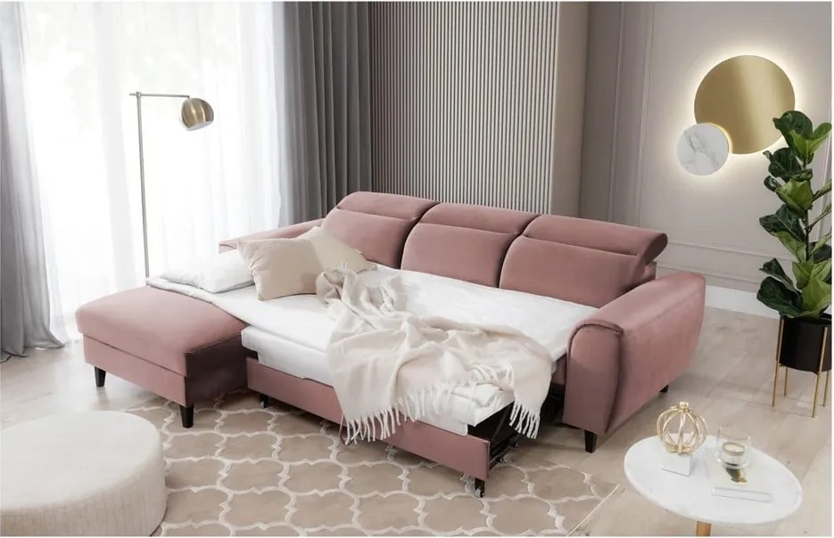 Rózsaszín bársony kinyitható-tárolóhelyes sarokkanapé (bal oldali-heverő résszel) Foble – ELTAP
