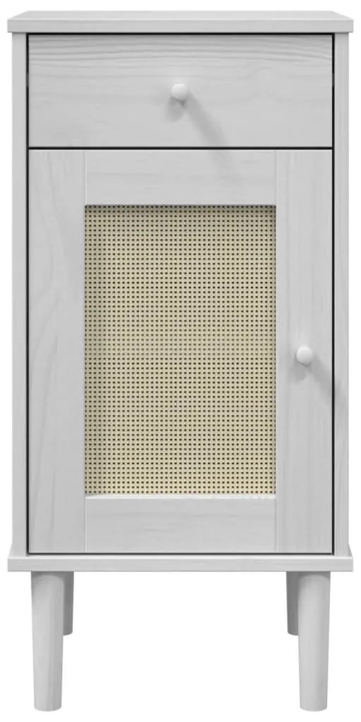 SENJA fehér rattanhatású tömör fenyő éjjeliszekrény 40x35x80 cm