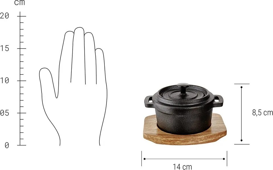 HOT IRON mini öntöttvas sütőtál fedéllel és fa alátéttel, 14 cm