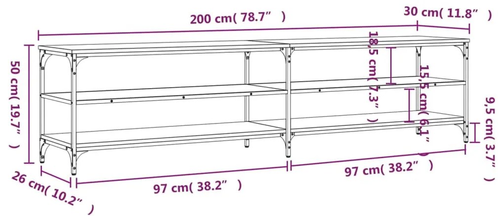 füstös tölgy színű szerelt fa és fém TV-szekrény 200x30x50 cm