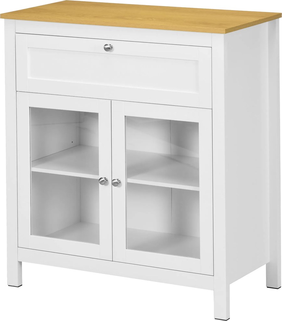 HOMCOM Modern Konyhai Tálaló Szekrény Fiókkal, Állítható Polccal és 2 Üvegajtóval, Tárolószekrény Étkezőbe vagy Nappaliba 80x40x90 cm Fehér | Aosom