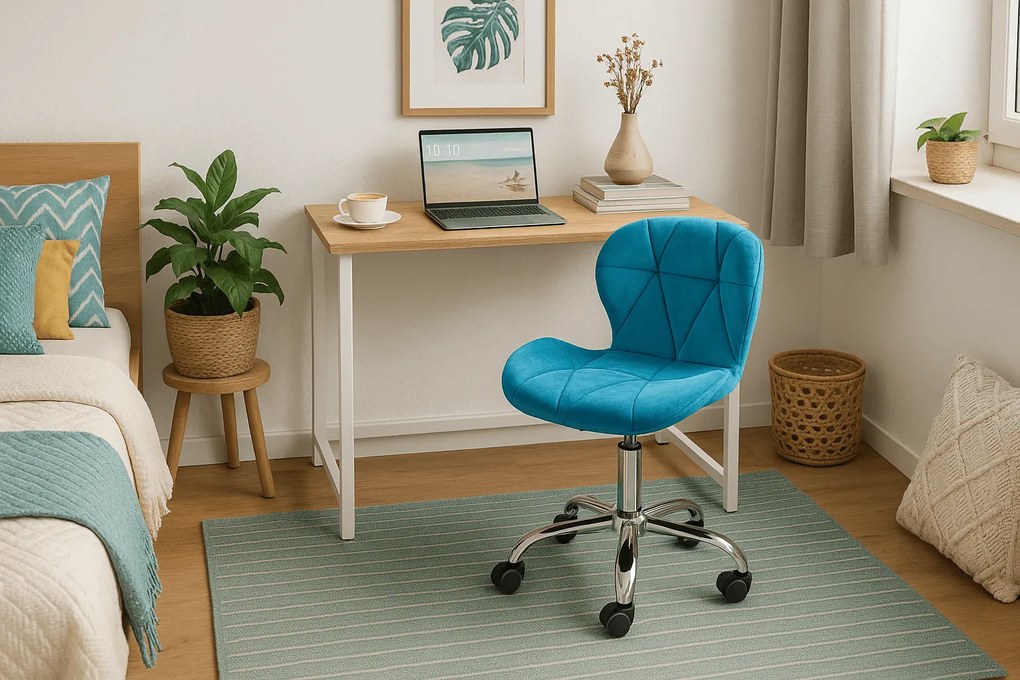 Dolgozószobai szett – összecsukható íróasztal ZARIMO 80×40 cm fehér + irodai szék AVOLA VELVET kék