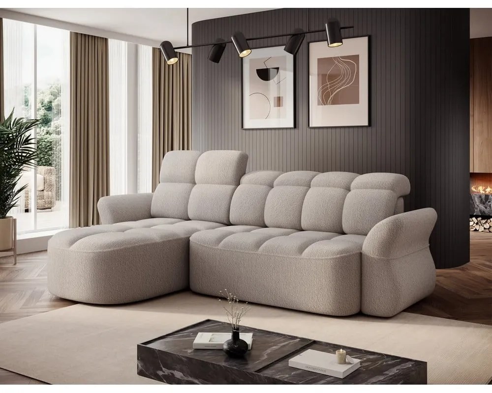 Bézs buklé kinyitható-tárolóhelyes sarokkanapé (bal oldali-heverő résszel) Beneth – ELTAP