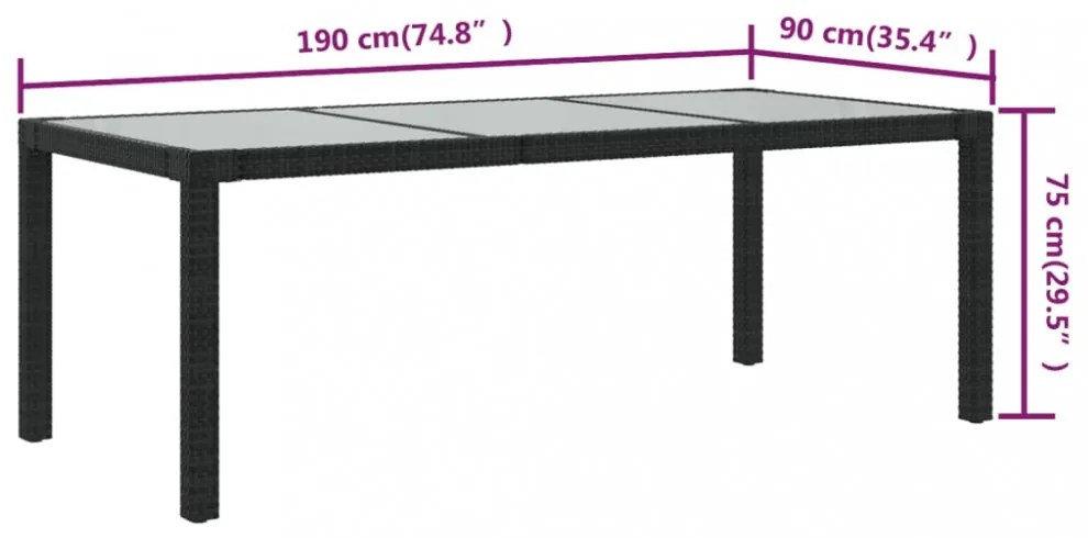 fekete polyrattan és edzett üveg kerti asztal 190 x 90 x 75 cm