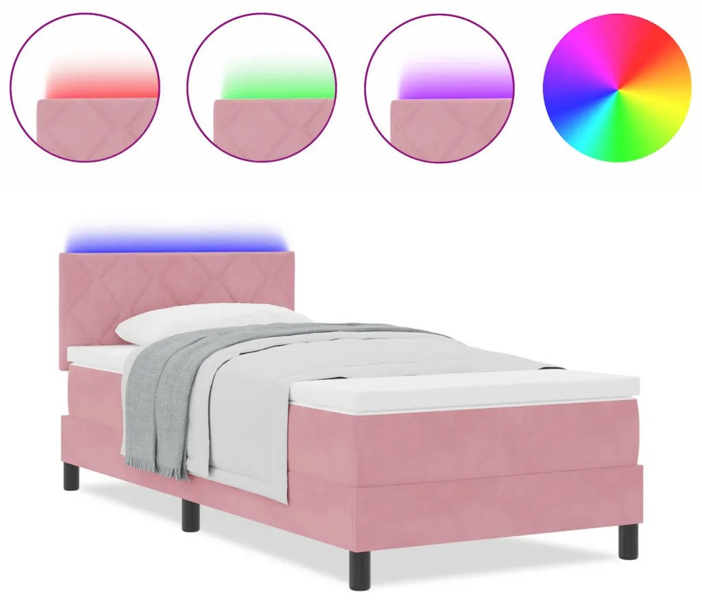 Boxspringágy Mattal és LED Rózsaszín 90x200 cm Bársony