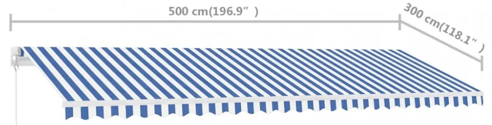 kék és fehér kézzel kihúzható póznás napellenző 500 x 300 cm