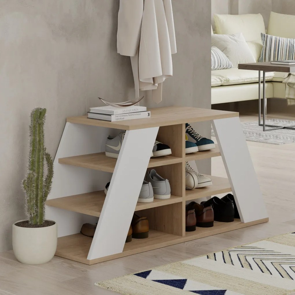 Pyramid Shoe Bench - Oak, White