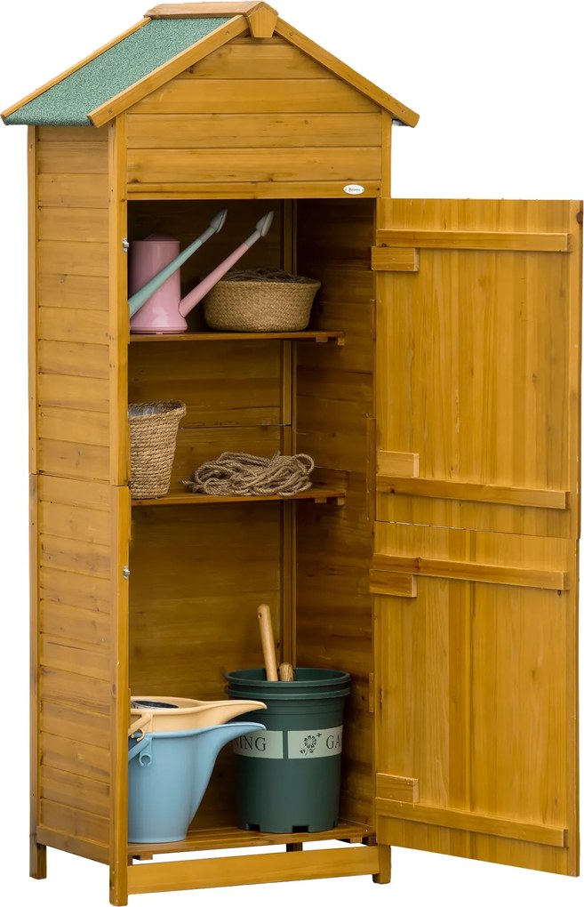 Outsunny Fa Kerti Szekrény, Időjárásálló Szerszámtároló 79x49x191.5cm, Kétajtós Berendezési Ház, Tető, Polcos Szekrény, Szerszámtároló Kerti Szekrény