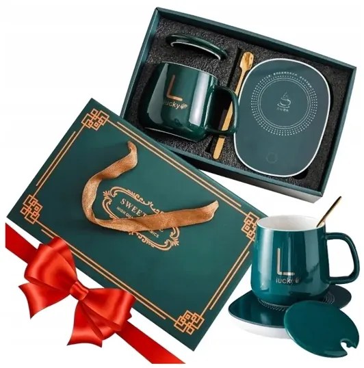 Kerámia bögre készlet elektromos melegítővel ajándékdobozban - Lucky - zöld